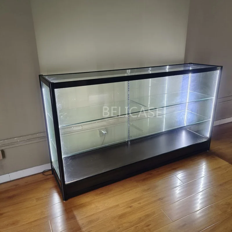 Custom, Smoke Shop Supplier Display Led Light Full Glass Counter Display Cabinet Lockable Smoke Store Decoration Showcase