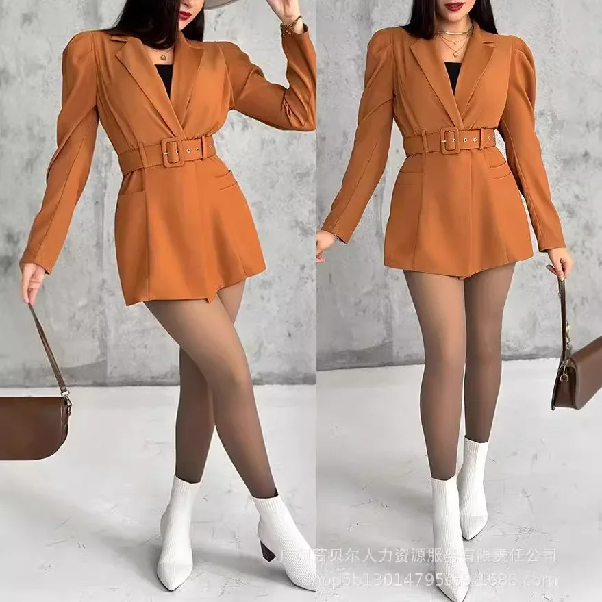 Kerah berlekuk lengan Puff 2-in-1 Blazer baju monyet dengan sabuk yang dapat dilepas warna Solid wanita musim gugur musim dingin