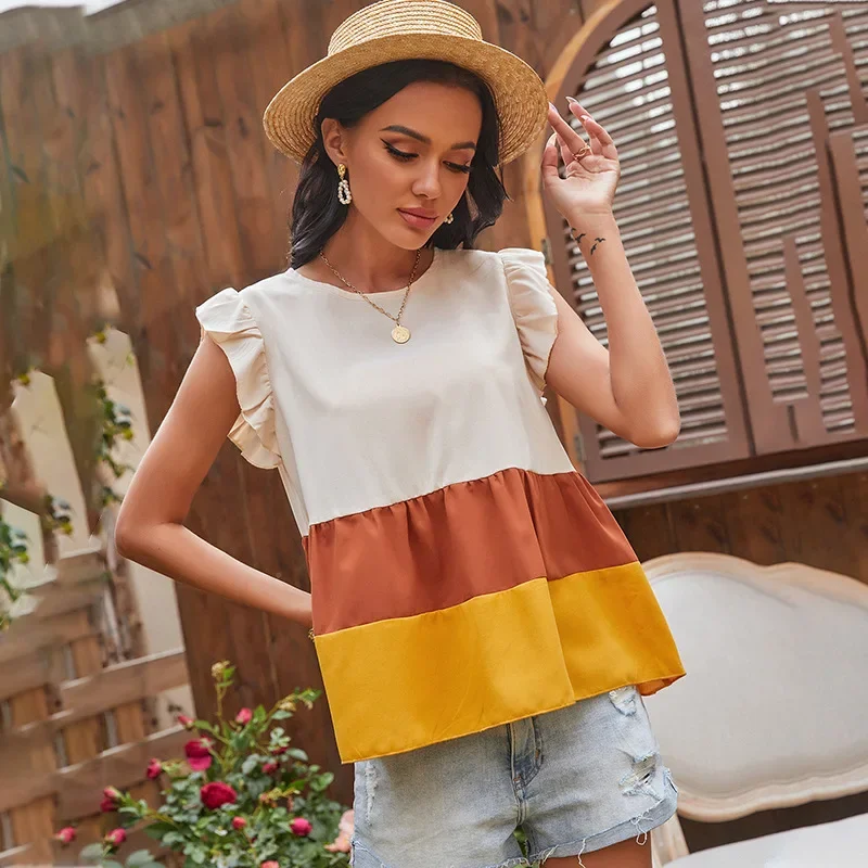 

Women Summer O-Neck Sleeveless Color Block T-Shirts Fashion Ruffle Casual Tees Street Indie Cottagecore Tops Aesthetic Clothes