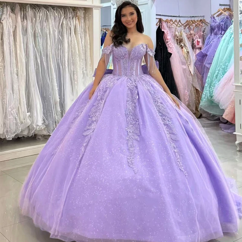 

Purple Quinceneara Dress Organza With Embroidery Sequins Princess Ball Gown Sleeveless Boat Neck Customized Prom Party Gowns Bow