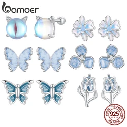 Bamoer 925 Sterling Silver Blue Earrings Butterfly Flower Ear Stud Winter Cute  for Women Girl Wedding Daily Fine Jewelry Gifts