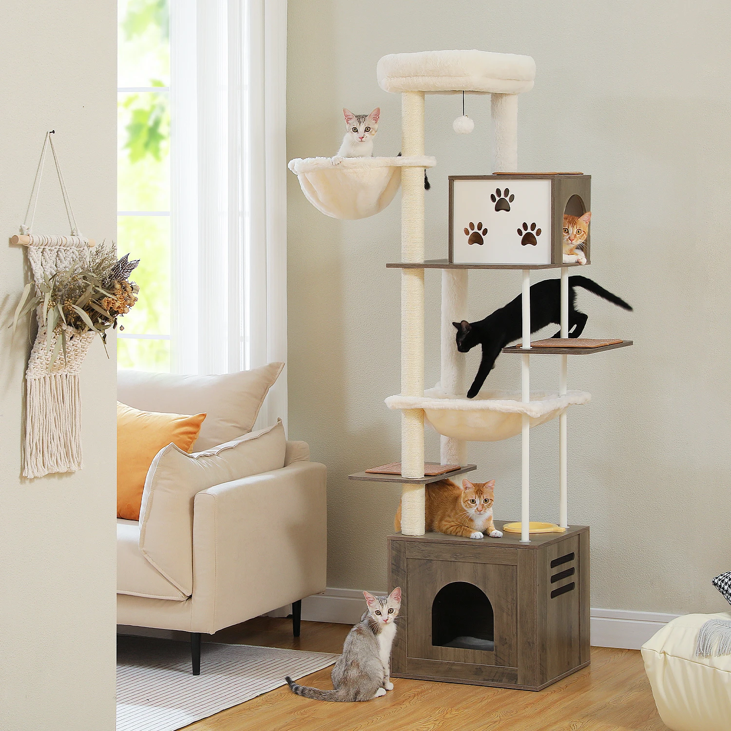 

190cm Wooden Cat Tree Tower with Feeding Station for Large Cats Spacious Condos Hammocks Steel and Sisal Posts Scratch Mat