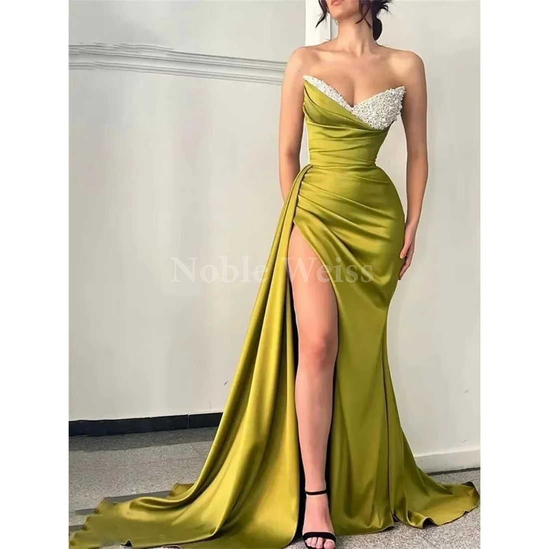 Green Sequined Prom Dresses Side Split Evening Gowns Pleat Mermaid Women Gowns Customize