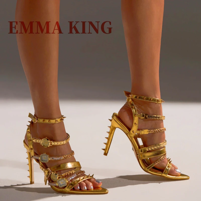 ساعة فضية أحذية مثيرة مفتوحة أشار تو خنجر صندل برشام ديكور رقيقة عالية الكعب الزفاف مضخات أحذية مأدبة نسائية