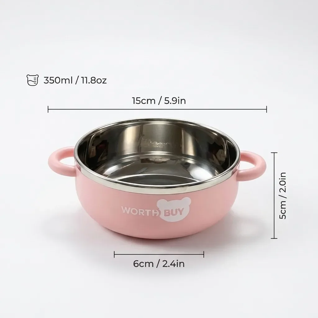 Kinder cartoon 304 roestvrijstalen kom met dubbele handgrepen, studentenkom voor rijst, salade, fruit en ramen, dubbelwandig, valbestendig servies