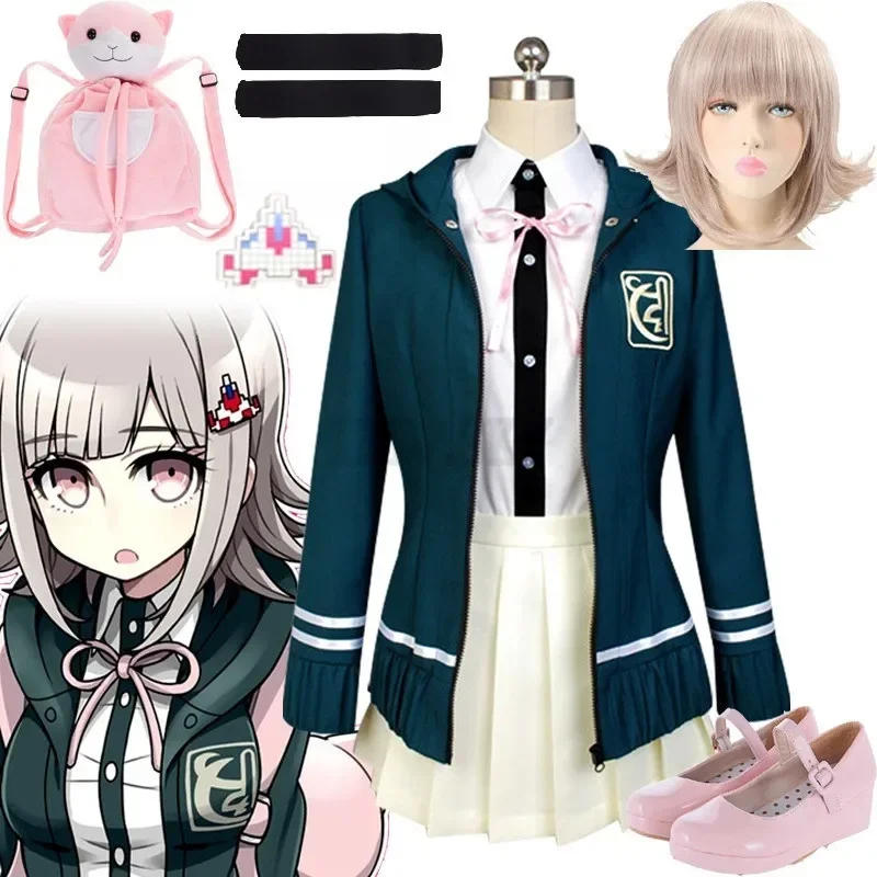 QQ8 Chiaki Nanami pinza para el pelo disfraz Cosplay Danganronpa 2 uniforme escolar bolsa mochila chaqueta zapatos traje Halloween para mujer 5Lk¥