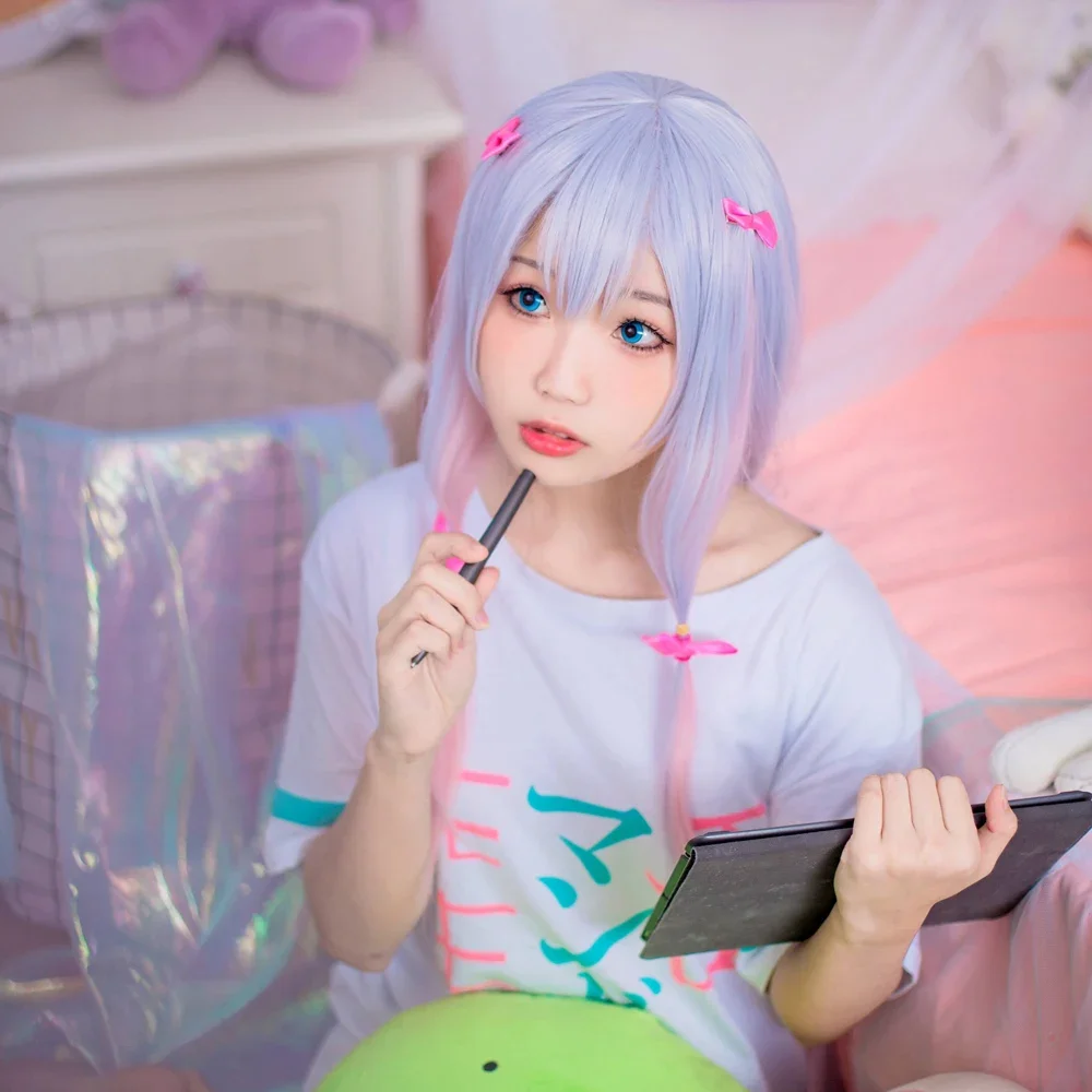 Eromanga Sensei Sagiri Izumi Cosplay Wigs Silver Mixed Pink Heat Resistant Synthetic Hair Perucas Cosplay Wig+wig cap