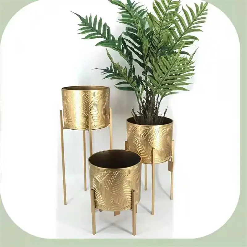 Modern Gold Iron Plant Rack Three-Piece Green Potted Flower Bucket Set Concave Pattern Design Round Flower Pot Holder