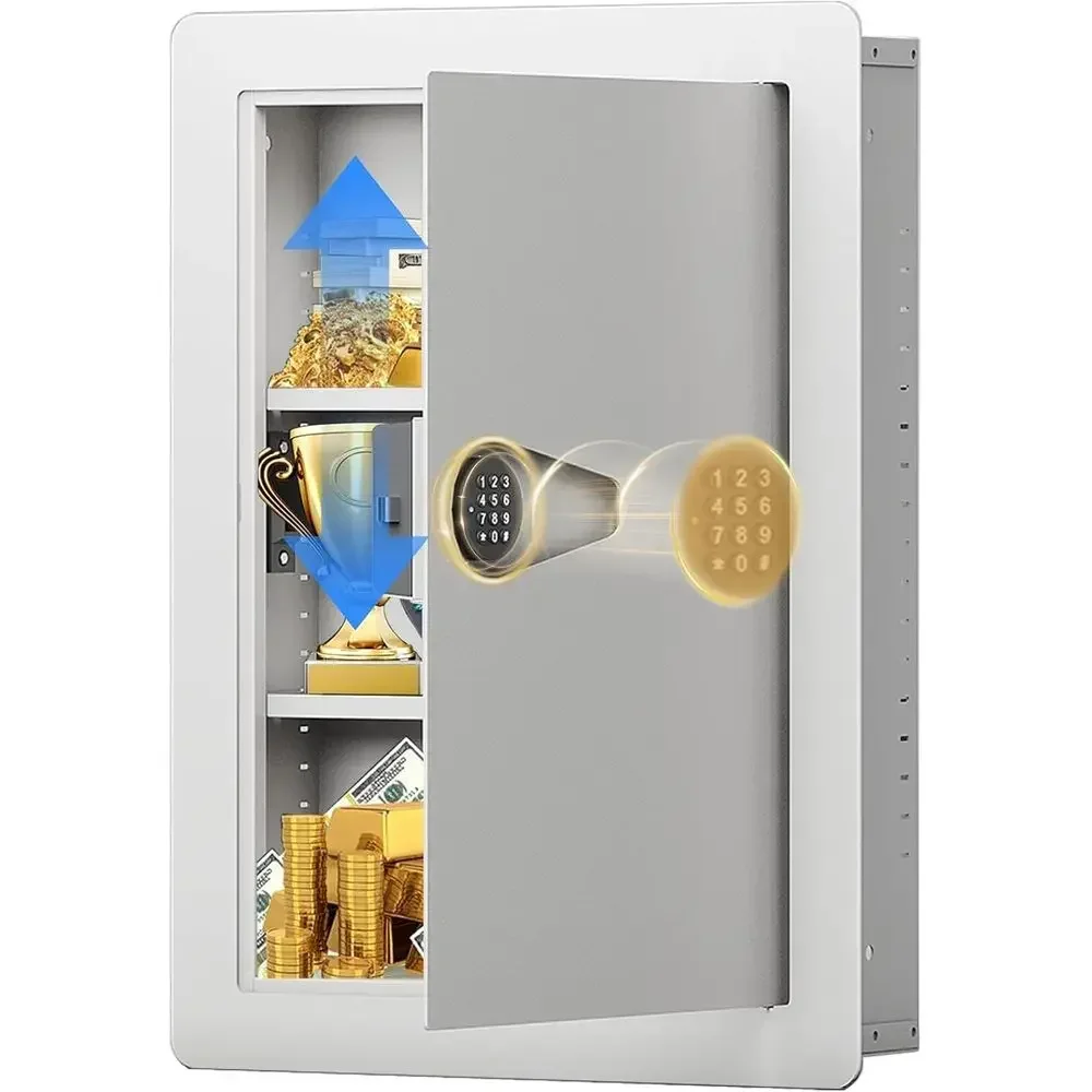 Keypad-Secured Wall Safe with USB Port, Removable Shelves for Pistols, Cash, and Valuables, White