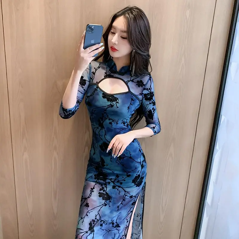 Dignified Intellectual Cheongsam Sexy Temperament Hollow Out Long Dress Ladies Chinese Style Elegant Printing Slim Vintage Dress