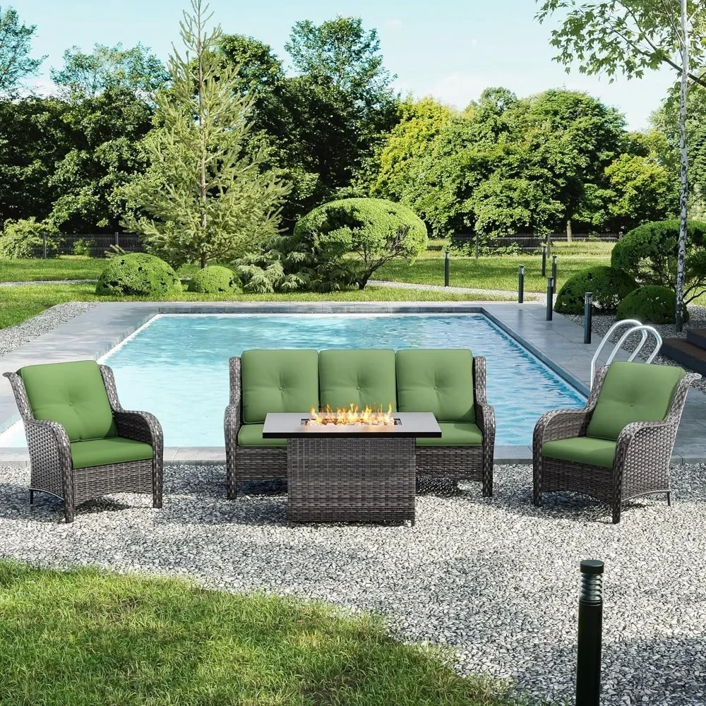 

Luxury Wicker Patio Furniture Set, 4 Pieces Outdoor Furniture with 2 High Back Patio Rattan Chair, 3-Seater Sofa,Fire Pit Table