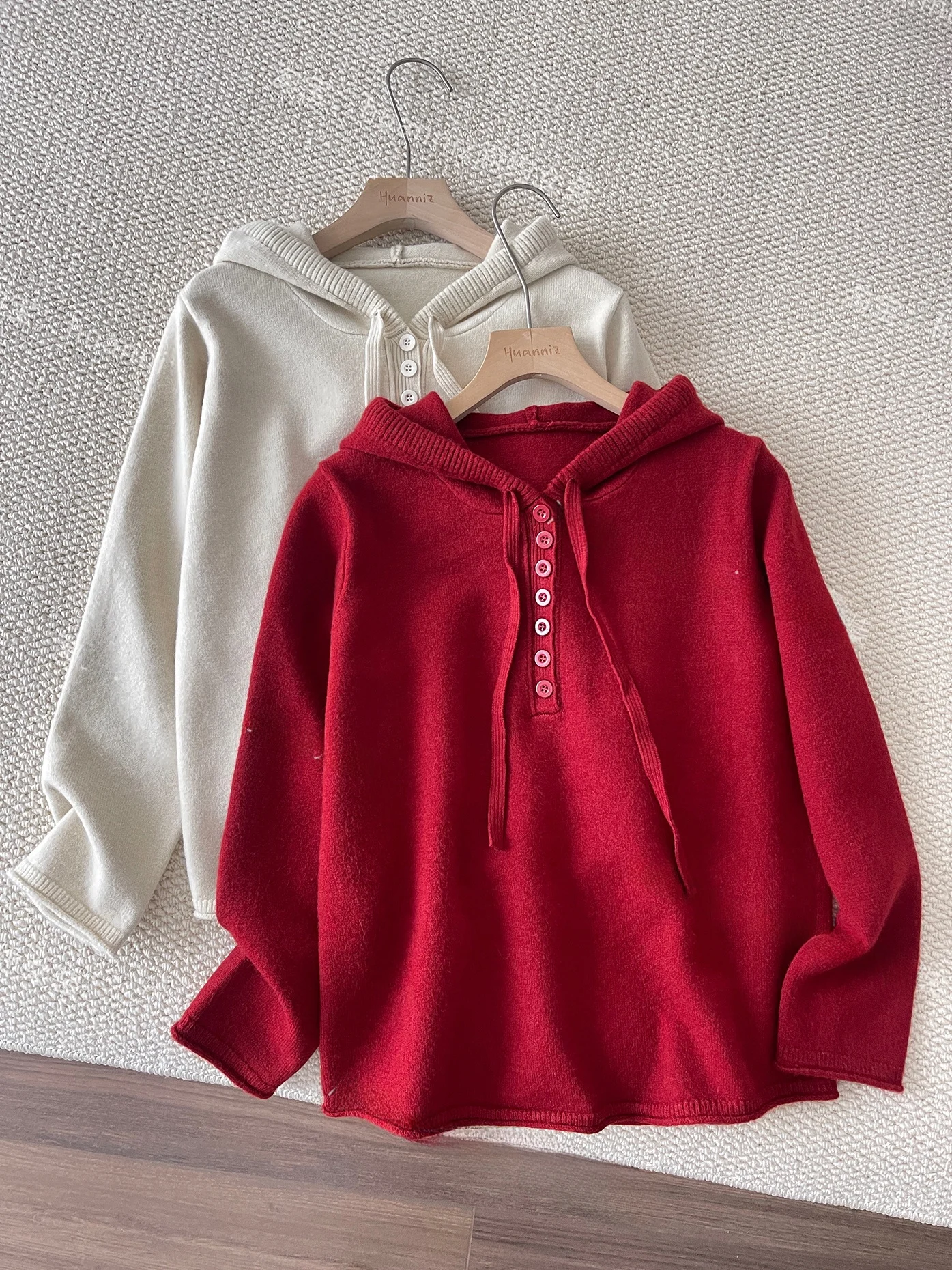 

New Year White Red Hooded Knitwear Loose Fit Women's Thiened Base irt Korean Sle Long Sve round Ne Pullover Sweater