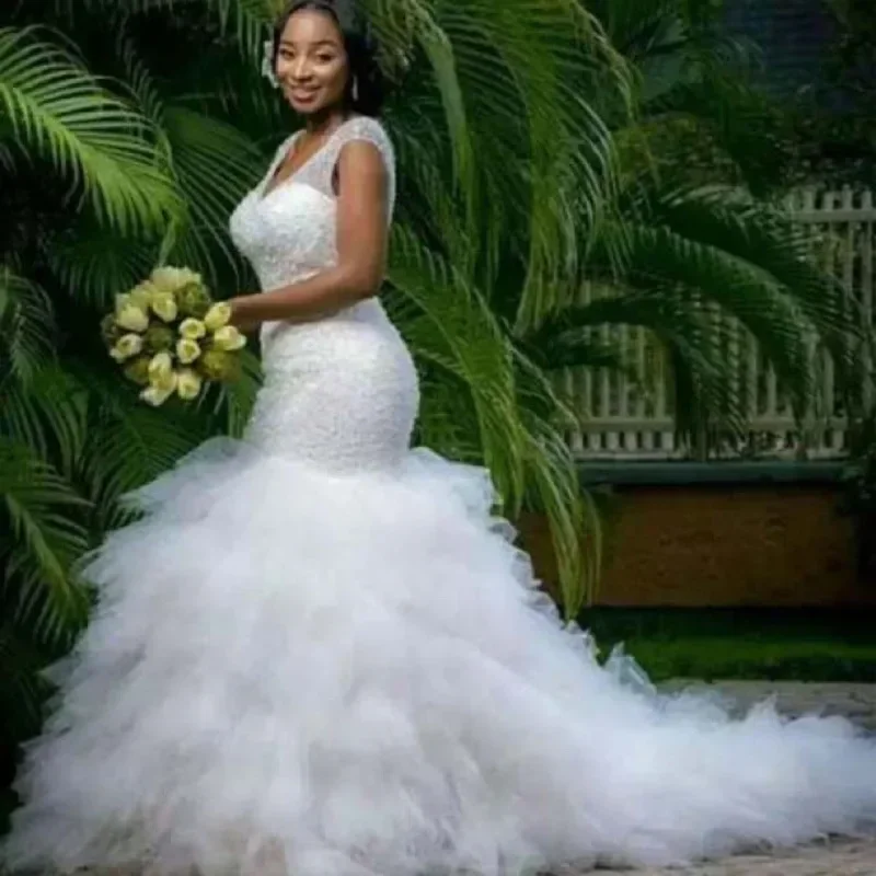 Customized Pure White Lace Embroidery African Mermaid Wedding Gown Luxury Heavy Beaded Dress