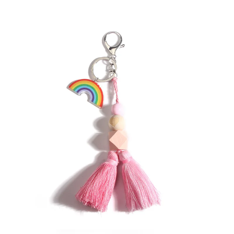 Colorful Wood Beads Tassel Keychain Smile Face Flower Rainbow Key Ring For Women Handmade Friendship Summer Jewerly Gifts