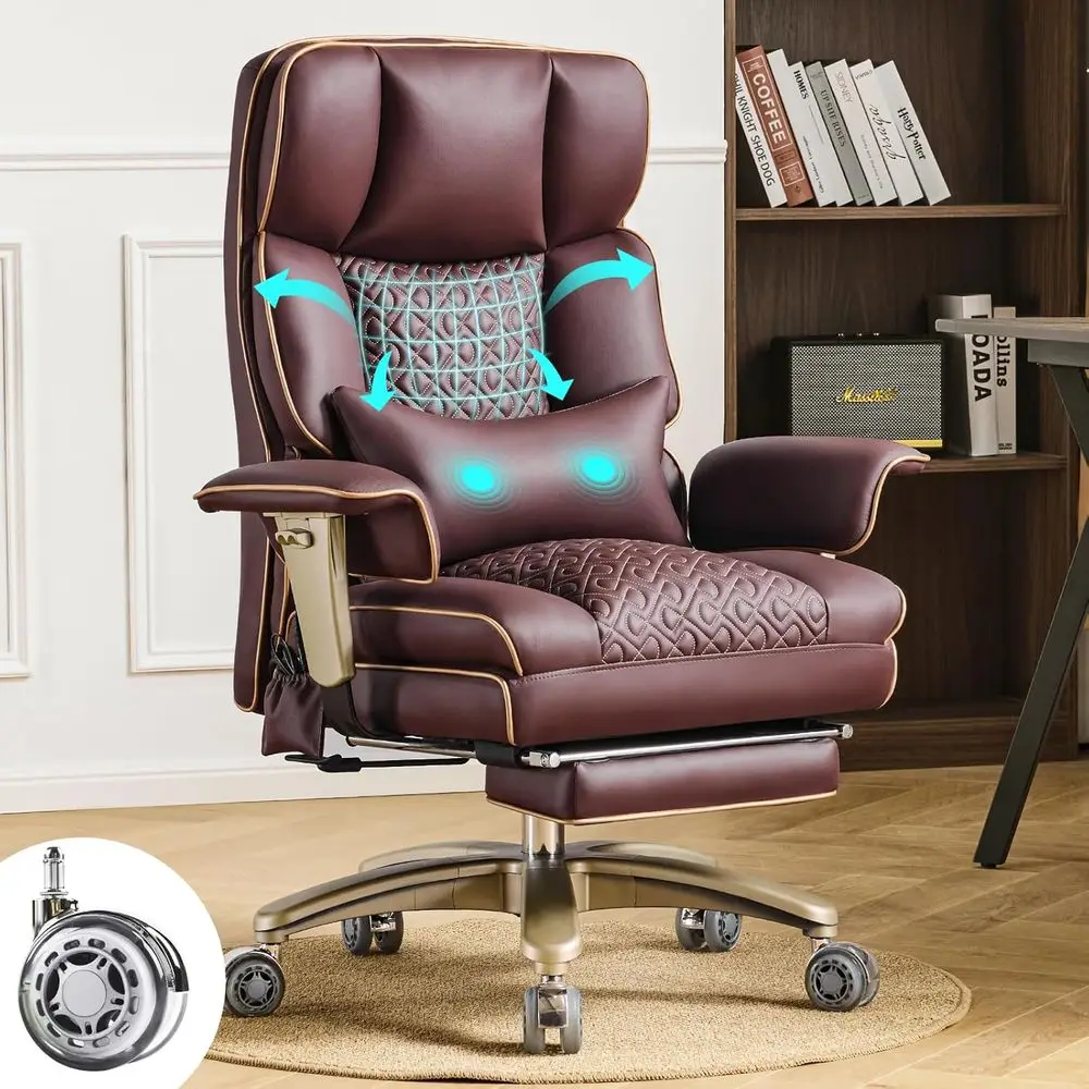 

Luxury Ergonomic PU Leather Office Chair with Adjustable Air Lumbar Support, High-Back, 3-Level Swivel, Silent Wheels, Footrest,