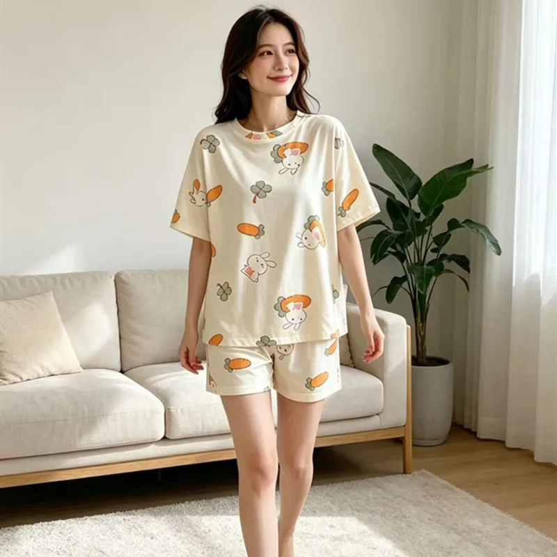 Pijamas holgados con estampado bonito para mujer, pantalones cortos, tops, ropa para el hogar de dos piezas, conjuntos informales y coquetos de camiseta y pantalones cortos, ropa de estar por casa