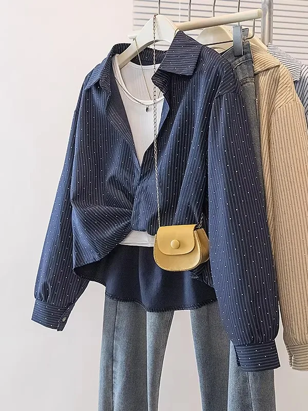 

Irregular Striped Long Sleeve Shirt Women's Outerwear Cover up Two Piece Set Spring plus Size Mm Carrier Fashion Ensemble