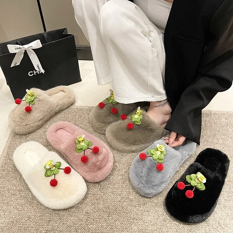 Cute Bee Women Slippers Autumn Winter Cotton Flat Fluffy Slippers Woman Home Indoor Fur Shoes Warm Soft Plush Slippers