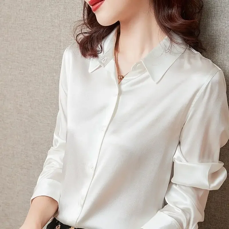 Blusa feminina camisas de manga comprida blusa de seda falsa escritório senhoras topos coreano chique roupas femininas branco preto vermelho azul verde