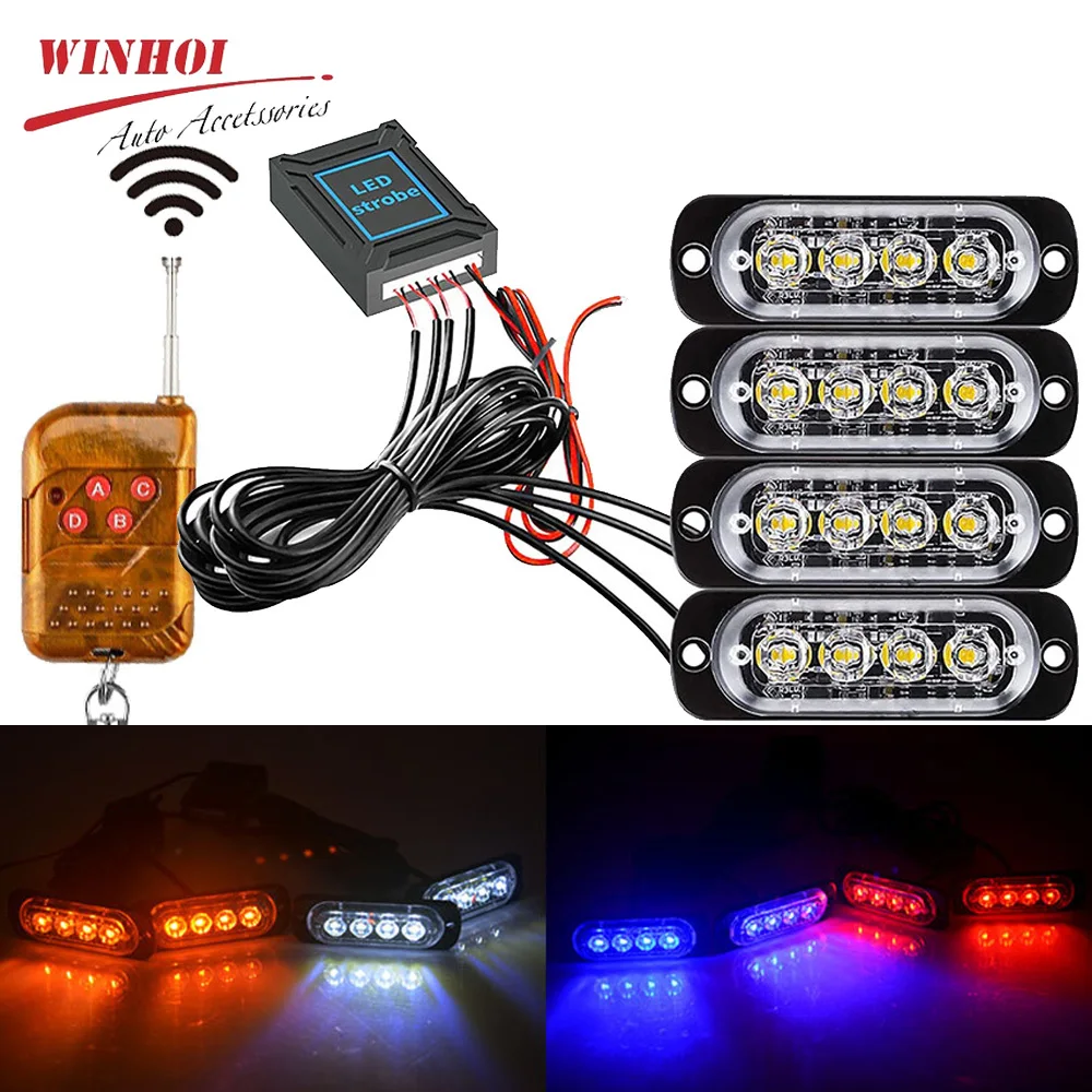 16 LED Wireless Car Emergency Lights Auto Police Strobe Light Blue Red Amber Warning Flashing Lamp 12/24V for Trailer Truck