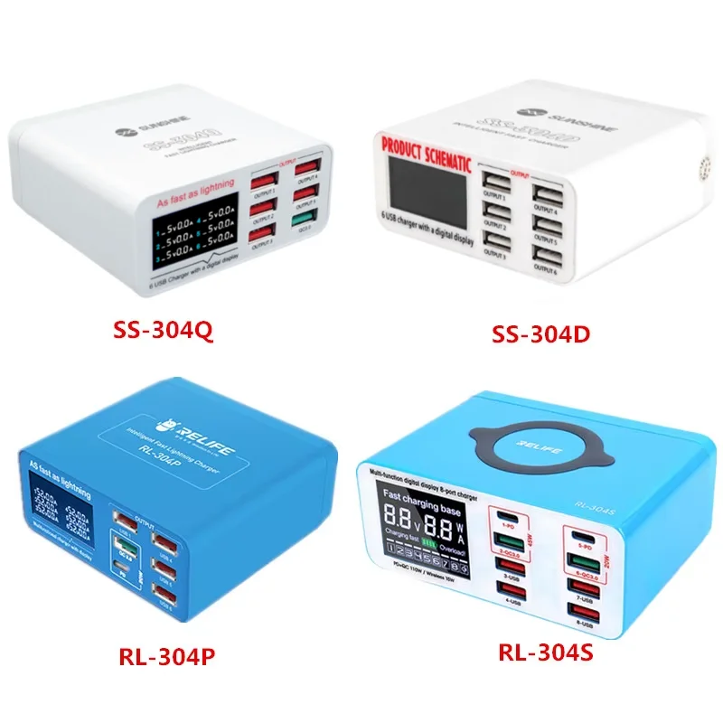 RELIFE RL-304P RL-304S SUNHINE SS-304D SS-304Q Intelligent Multi-port Lightning Charger with Digital Disply for IPhone Samsung