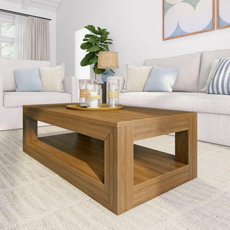 Modern Rectangular Coffee Table with Shelf, Solid Wood, 40 Inch, Center Table with Storage, 2 Tier Tea Table for Living Room