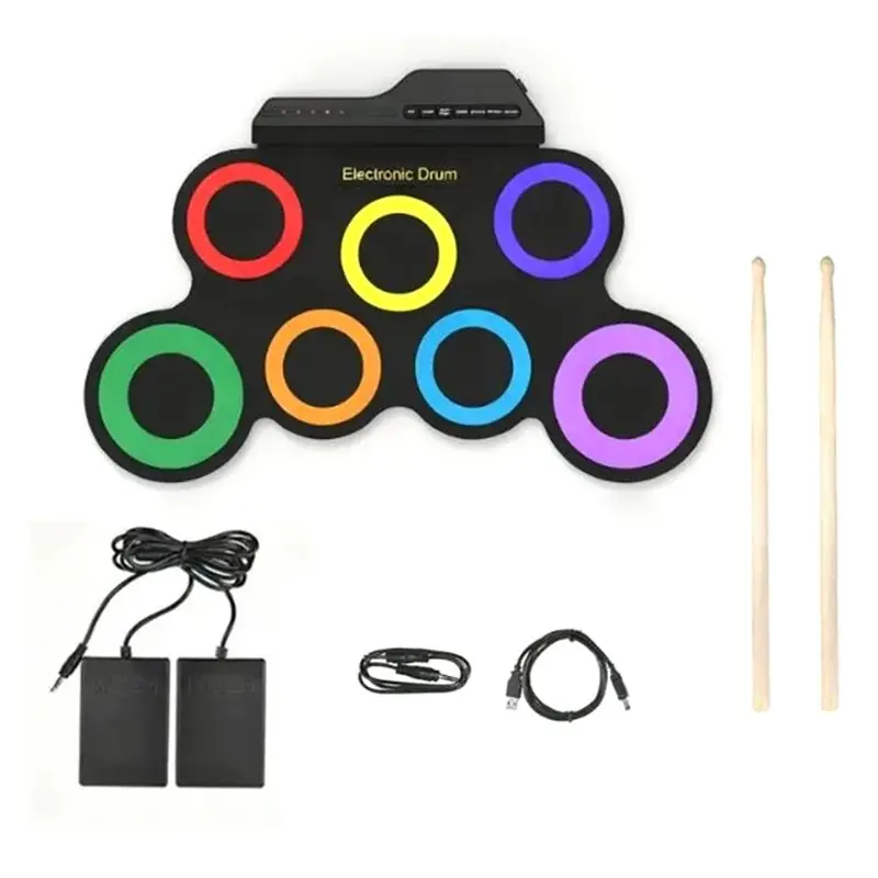 

ABHS-Portable Electric Drum Set Pad Kit 7 Pads With Headphone Jack Pedals Drumsticks Musical Instruments Practice Pad Drum Kit