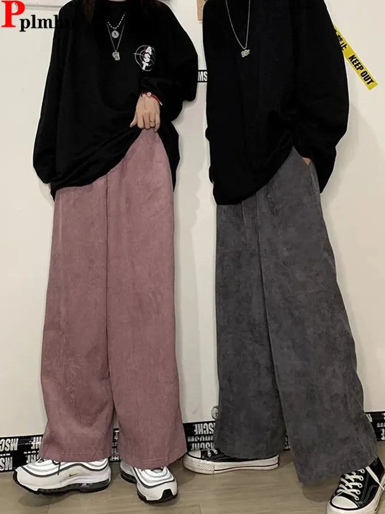 

Casual Warm Corduroy Wide Leg Pants Korean Women Straight Streetwear Pantalone Casual Baggy High Waist Running Wear Trouser New