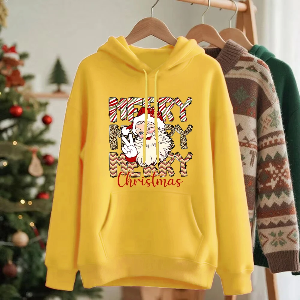 Merry Christmas Santa Claus Prints Hoodies Women Comfortable Loose Sweatshirt Winter Fleece Warm Pullovers Casual Pocket Clothes