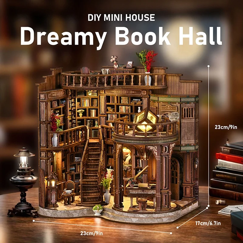 DIY Wooden House Figurines Miniatures Kits Home Desk Decoration For Adult Handmade Christmas Gifts 3D Retro Dreamy Book Hall