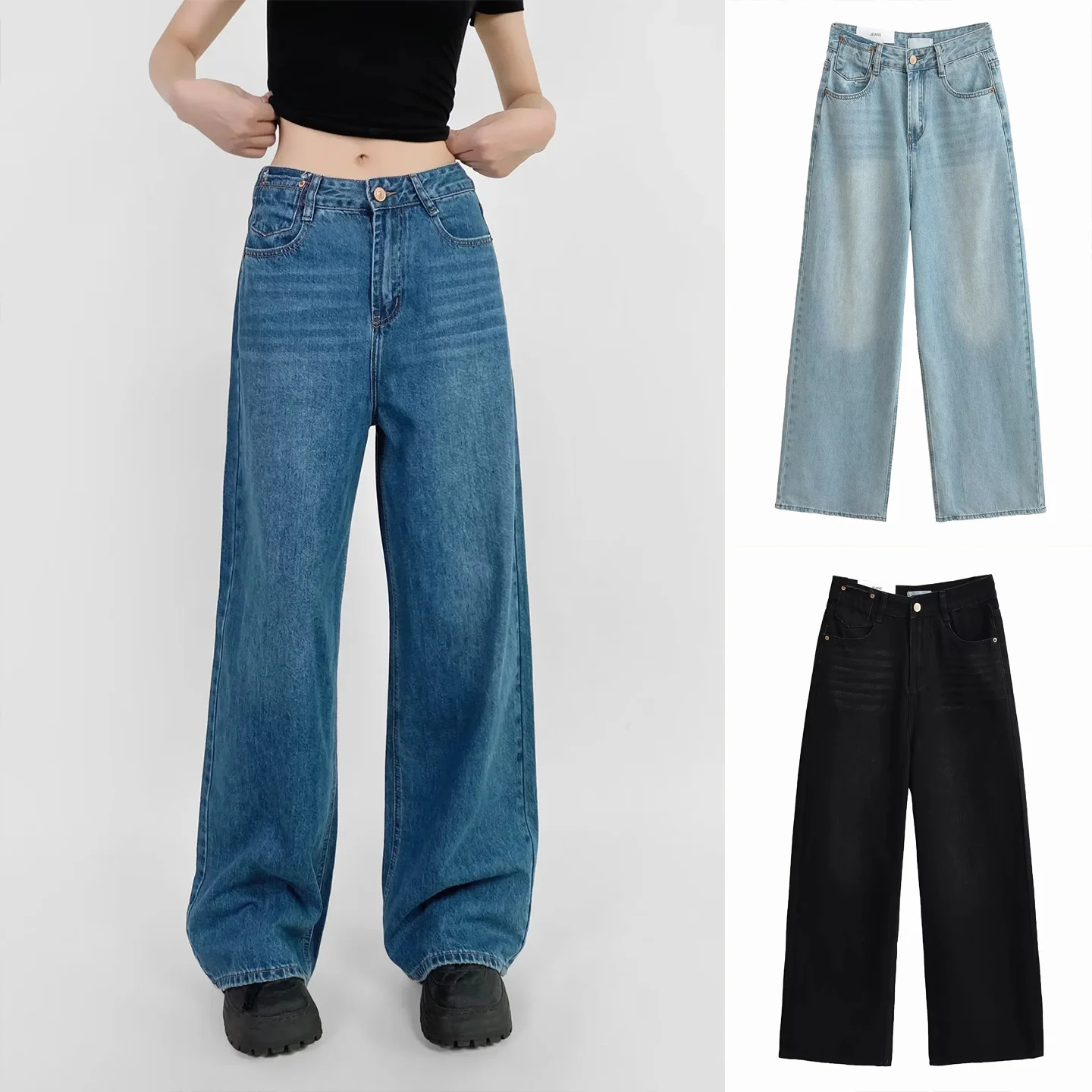 

Новые летние джинсы свободного кроя с высокой талией и широкими штанинами, американские джинсы с потертостями, декор, повседневные длинные прямые свободные брюки с высокой талией на молнии...