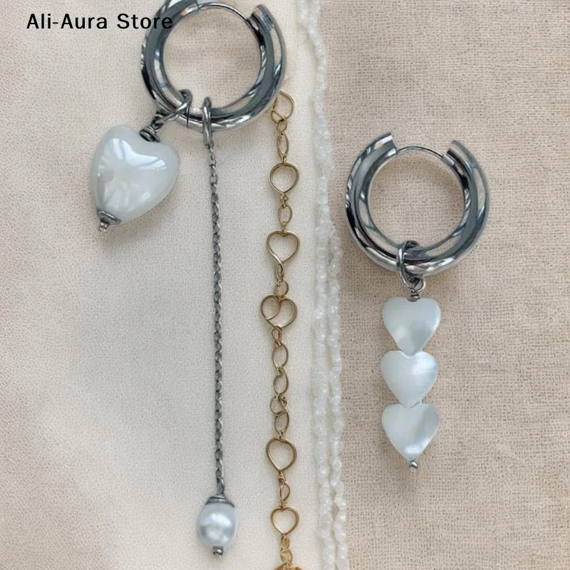 1Pair Retro New Trendy Geometric Stereo Heart-Shaped Earrings For Women Asymmetrical Imitation Pearl Earrings Punk Jewelry