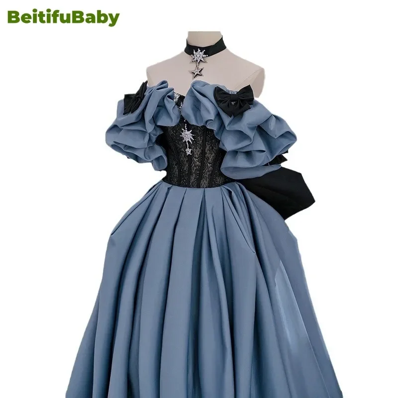 BeitifuBaby Women\'s Palace Style Evening Dress Off The Shoulder Slimming Lace Bow Banquet Ball Gown Formal Dress Women Vestidos