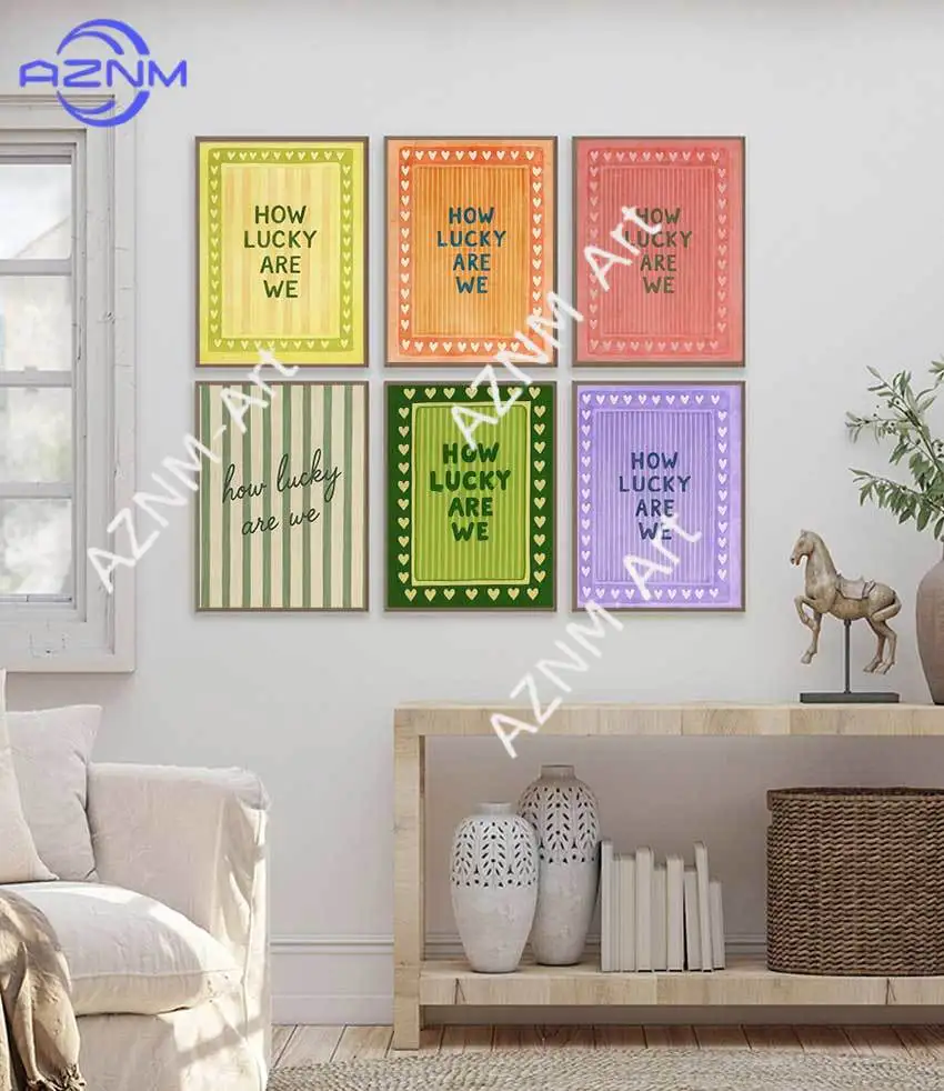 Druckposter Moderne Herz-Streifen-Kunstdrucke Schlafzimmer Wohnzimmer Wanddekoration Zitat „Wie Glücklich Sind Wir“ Leinwand