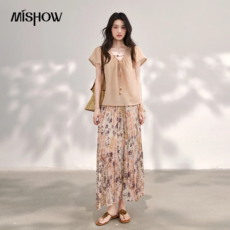 MISHOW Solid Color Texture Blouse 2026 Summer New V-Neck Wooden Bead Lace Up Fly Sleeve Lightweight Top For Women MXF27X2689