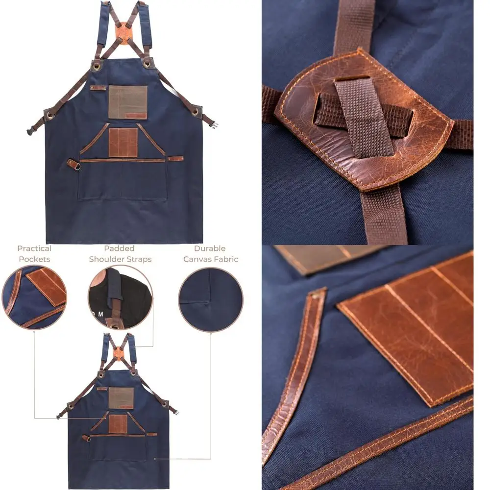 

Canvas Cross Back Aprons with Pockets - Adjustable Leather Straps for Chefs, Woodworkers, and Grilling Enthusiasts