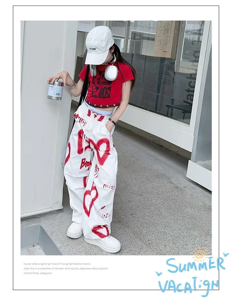 Kinder Hip-Hop Modehose mit Kordelzug und Zeichnungen für Teenager-Mädchen Coole Y2K Streetwear-Hose mit Herz-Graffiti 5-14 Jahre – Detail 8