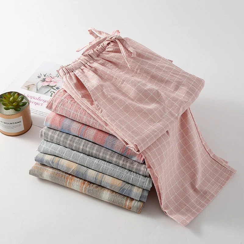 

Japanese Couple Washed Cotton Pajama Pants Pure Cotton Men's and Women's Trousers Spring Summer Straight Casual Plaid Outer Wear