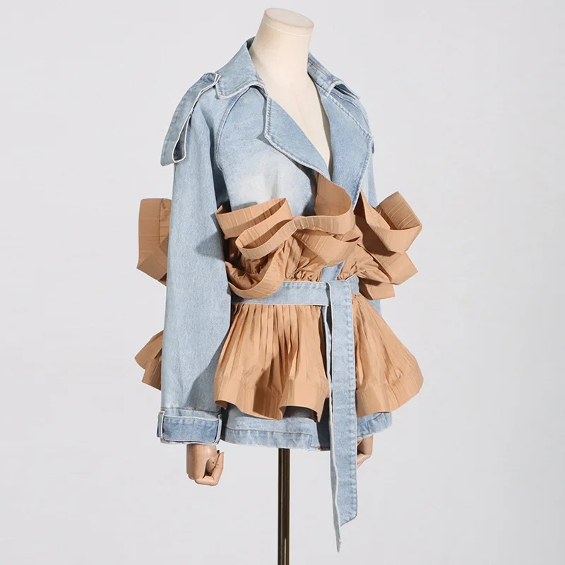 HKSH Spring Summer New Chic Original Fashion Elegant Elegant Turn-down Collar Panelled Ruffles Tie Long Sleeve Denim Coat HK5500