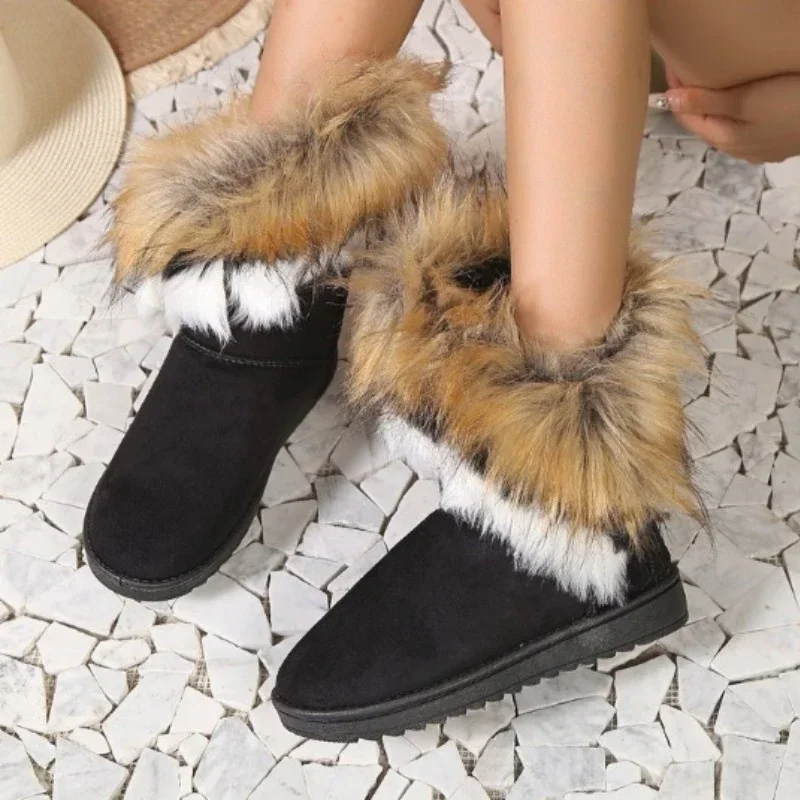 Furry Women Shoes 2023 New Winter Plush Women's Snow Boots Slip on Casual Flat Ladies Shoes Cold-proof and Warm Platform Boots