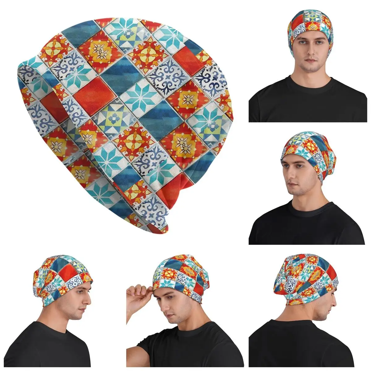 Colorful Azulejos Tiles From Azul Board Game Skullies Beanies Hats Warm Autumn Winter Cap Knitted Bonnet Caps for Unisex Adult