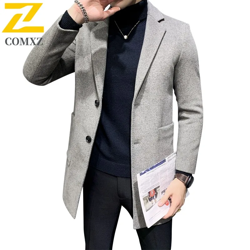 COMXZ  New Mens Trench Coat Lightw Luxurious Mid-Length Wool Blend Overcoat Korean Style Trendy Tweed Autumn Winter Outerwear