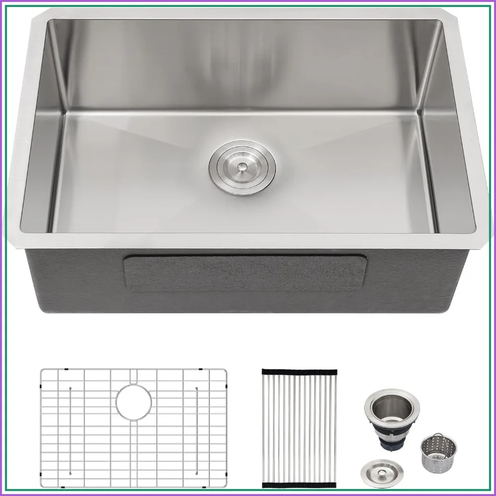 

28 Inch Undermount Kitchen Sink, 28x18x9 Stainless Steel Single Bowl, 16 Gauge, Deep Sink with Accessories
