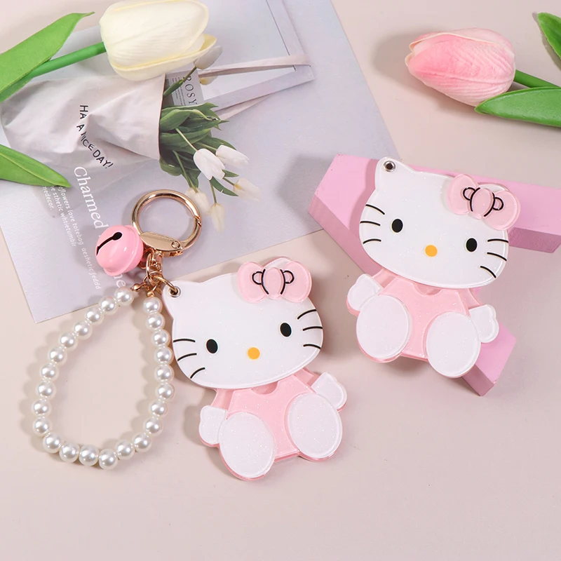 Kawaii Hello Kitty Makeup Mirror Keychain Cartoon Portable Sliding Cover Mirror Lovely Keyring Bag Pendant For Girl Gifts