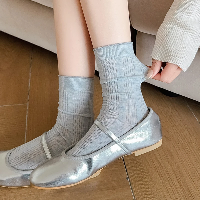 Woman Socks New Solid Color Breathable Striped Plain Socks For Women Casual Classic Girls Thin Socks Female Long Mesh Soft Comfy
