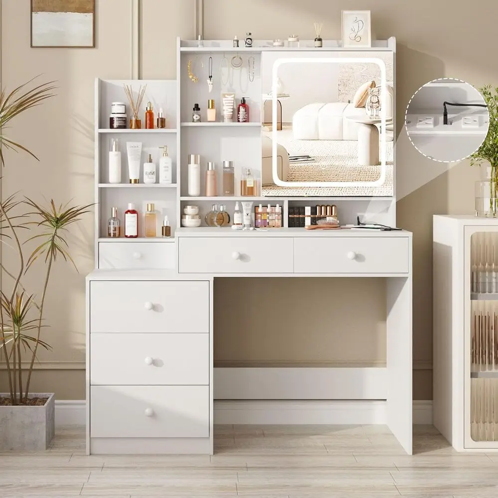 

LED Mirror Vanity Desk with Power Outlets, 3-Lighting Options, Open Storage for Bedroom or Dressing Area