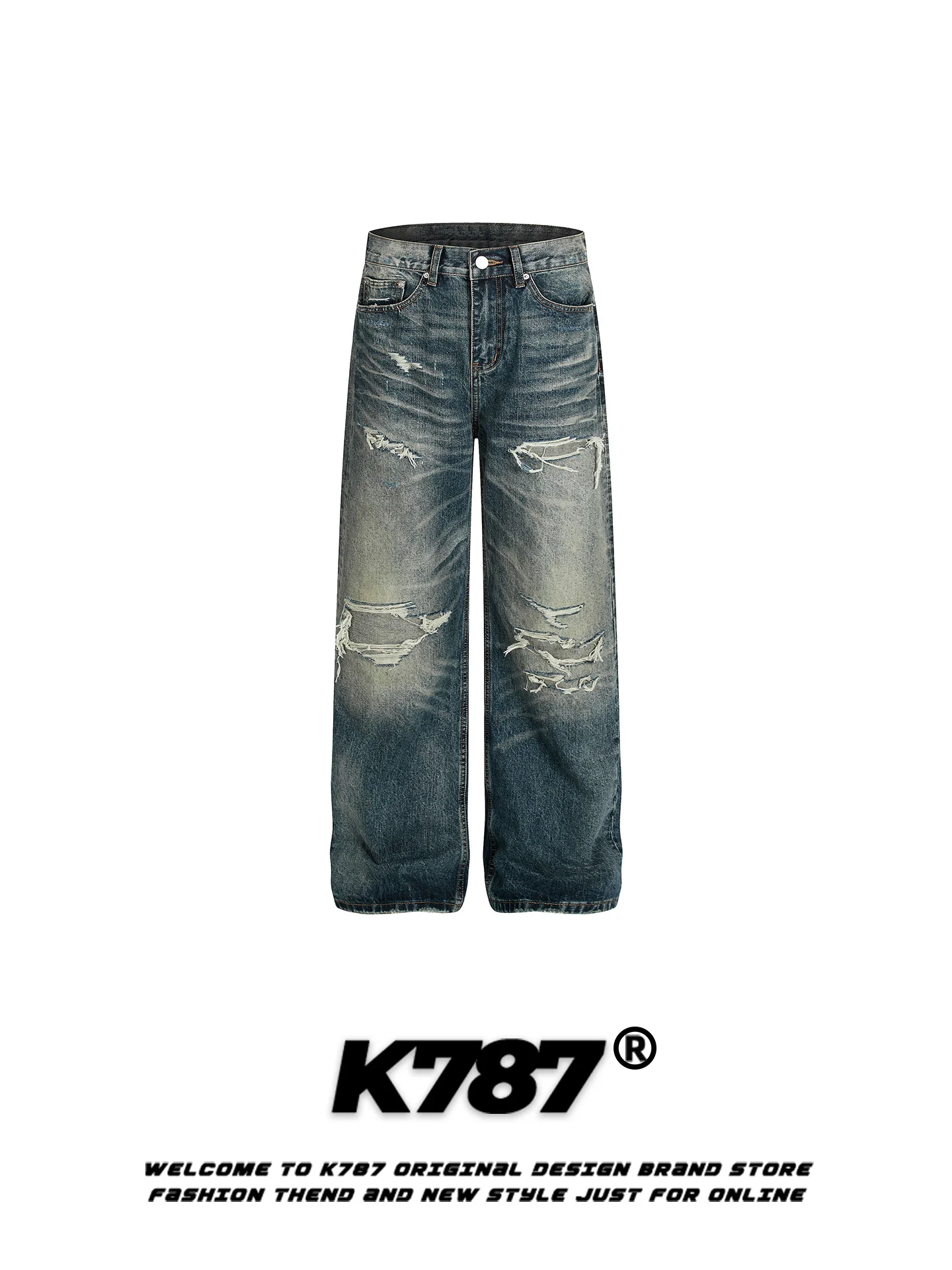 

K787 American Retro Waed Faux Hole Denim Jeans Loose Casual High Waist Straight Leg Wide Leg Long Pants for Men And Women