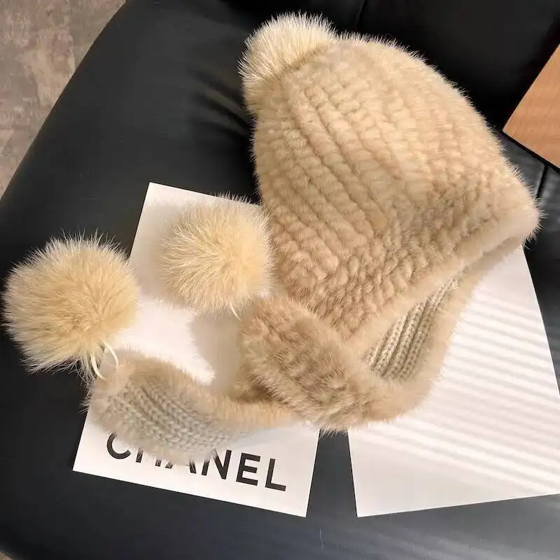 Real Mink Fur Hat For Women Handmade Knitted Fur Scarf Hat Wind Snow Hat Winter Warm Scarf Hat Thickened Ear Protection Fur Caps