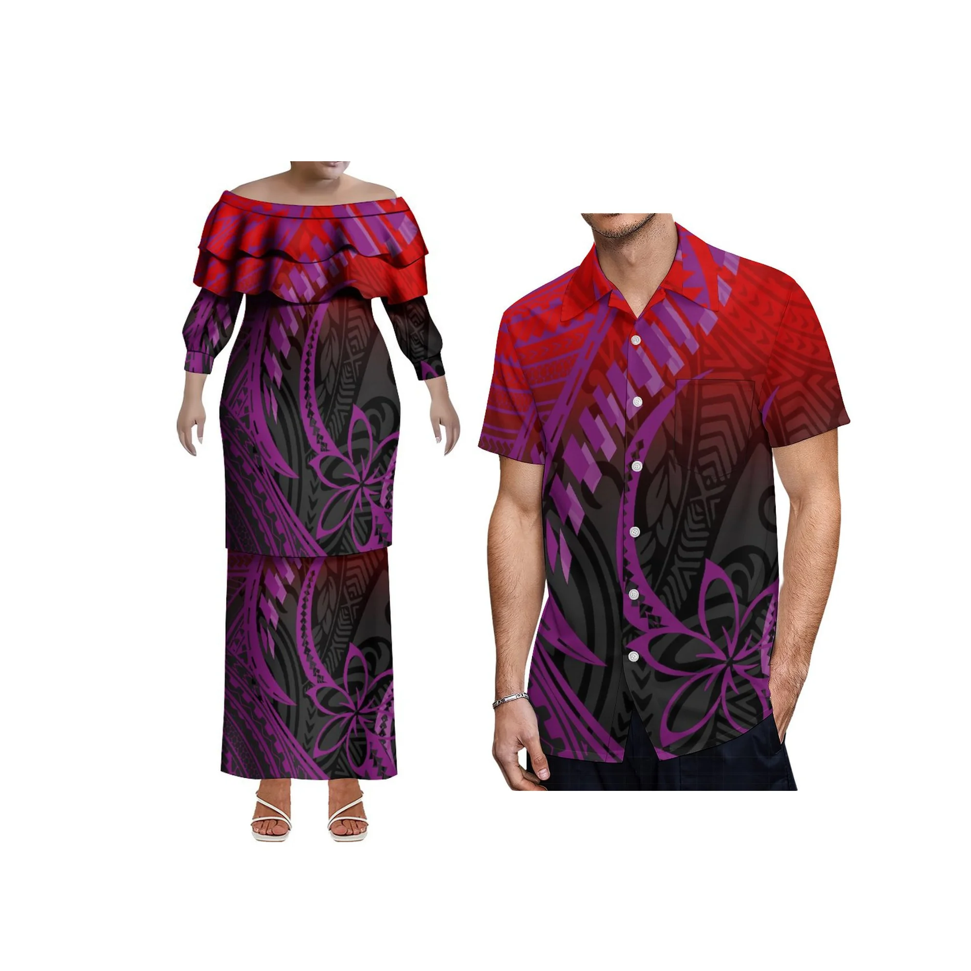 Melhor preço Atacado personalizado tonga puletasi vestido feminino manga longa um ombro dupla camada babado tamanho grande vestido 2 peça conjunto