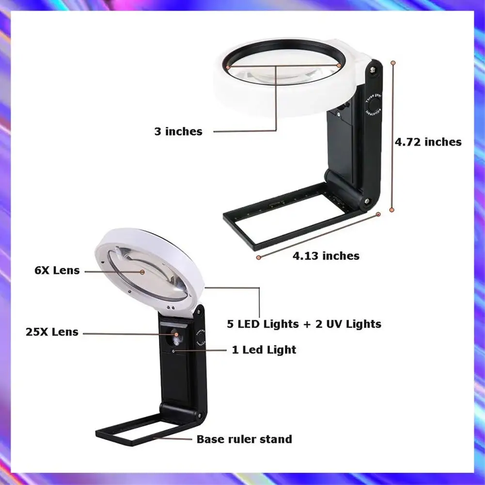 

2X Magnifying Glass With Light And Stand, Hands Free Handheld 6X 25X Adjustable Folding Magnifier With LED Lighted